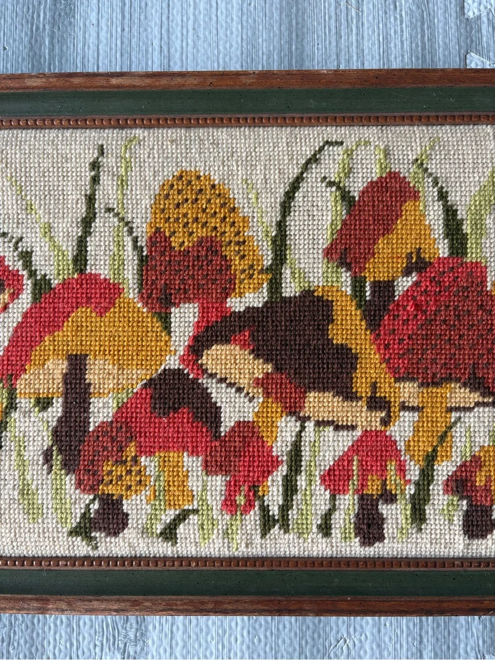 Vintage Multi-Colored Mushroom Crewel Embroidered Framed Art
